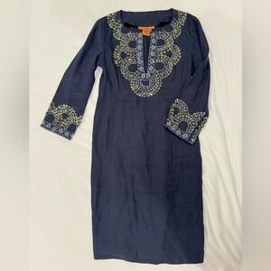 Tory Burch Vintage Navy Linen Dress with Rhinestones